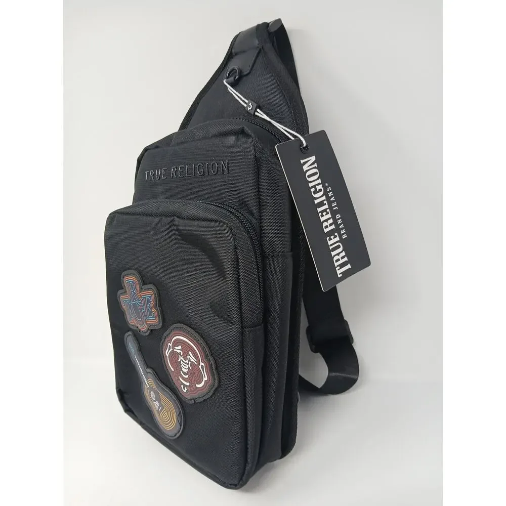 True Religion Black Crossbody Bag Men Zip Outer Pockets Guitar Character